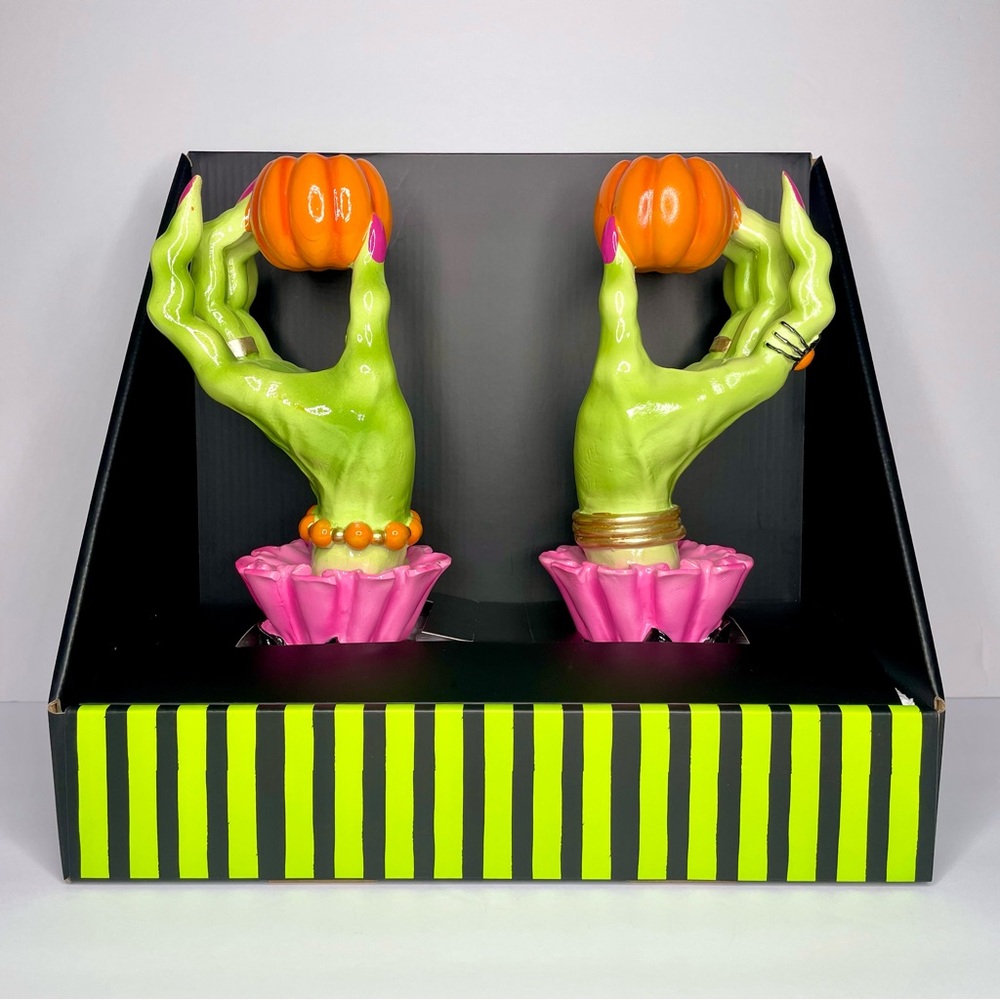 Set of 2 Pink Halloween Witch Hands Taper Candle Holders
